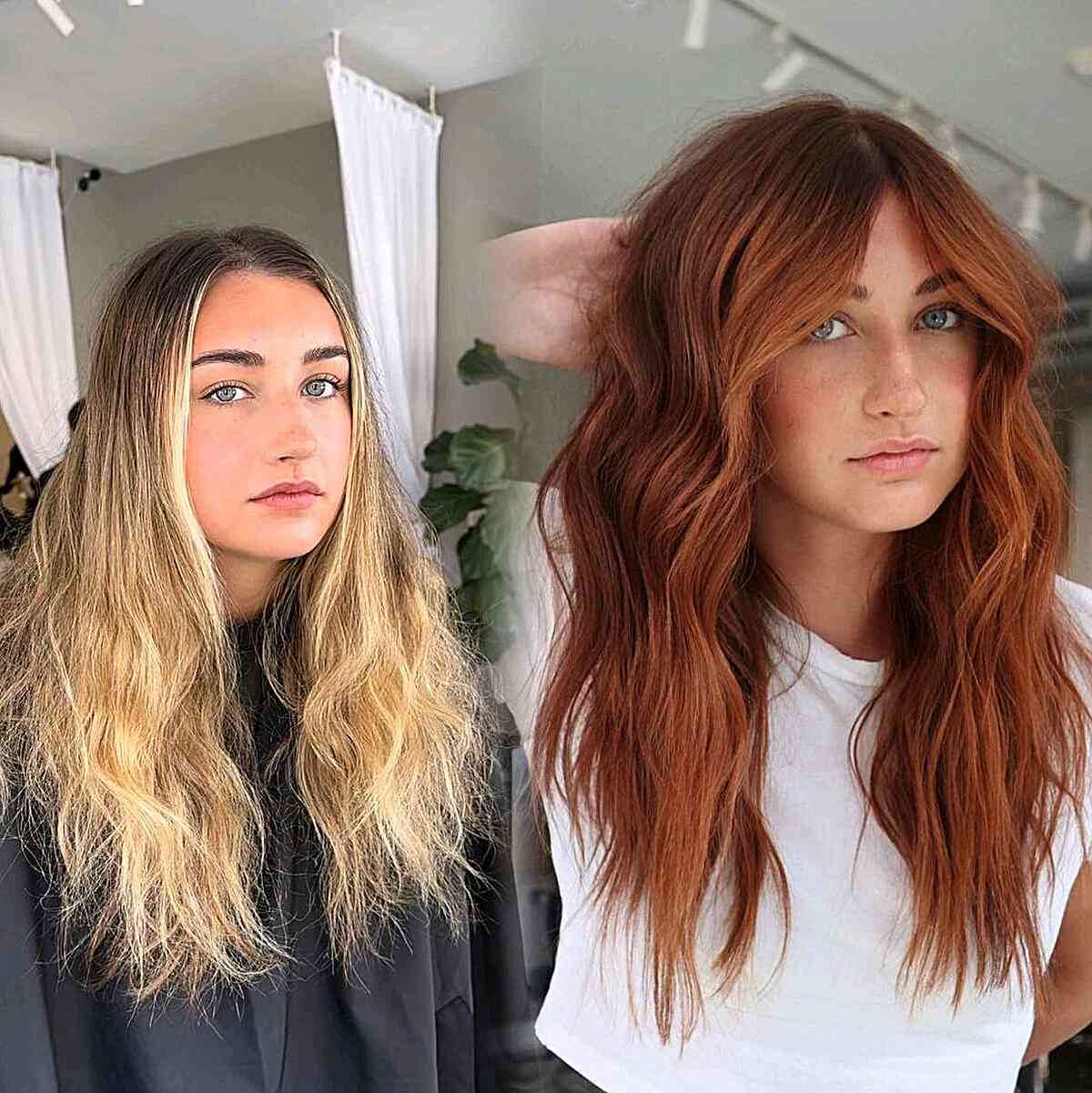Long copper-red shag with a center part and curtain layers.