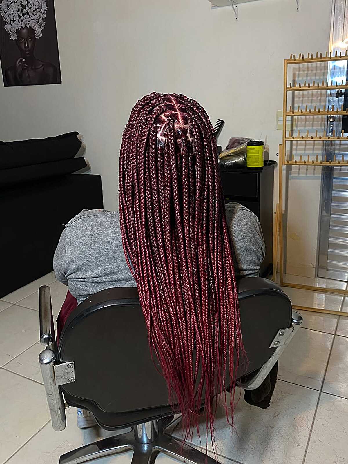 Classic long burgundy box braids past the waist