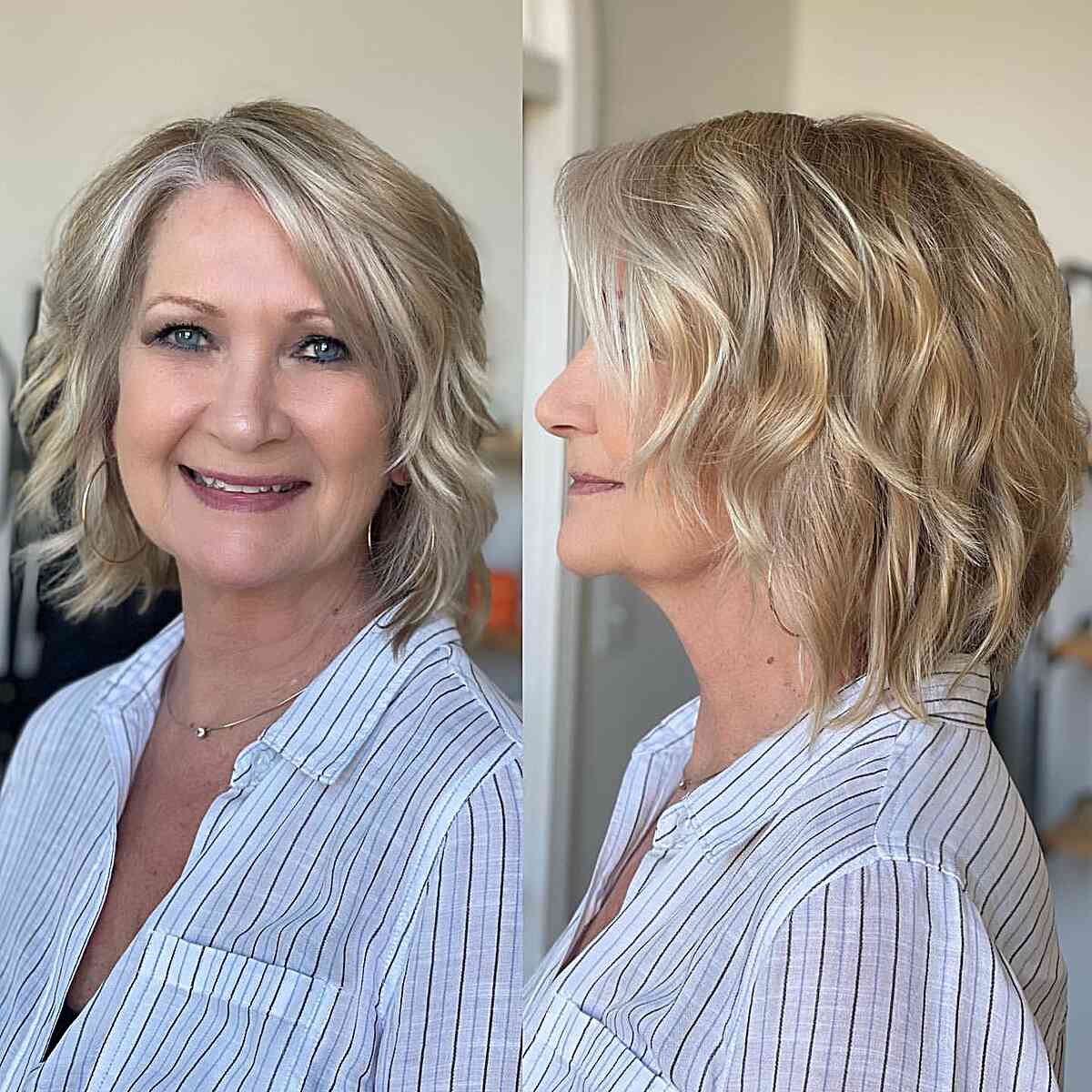 Short beige blonde bob with soft waves and dimension.