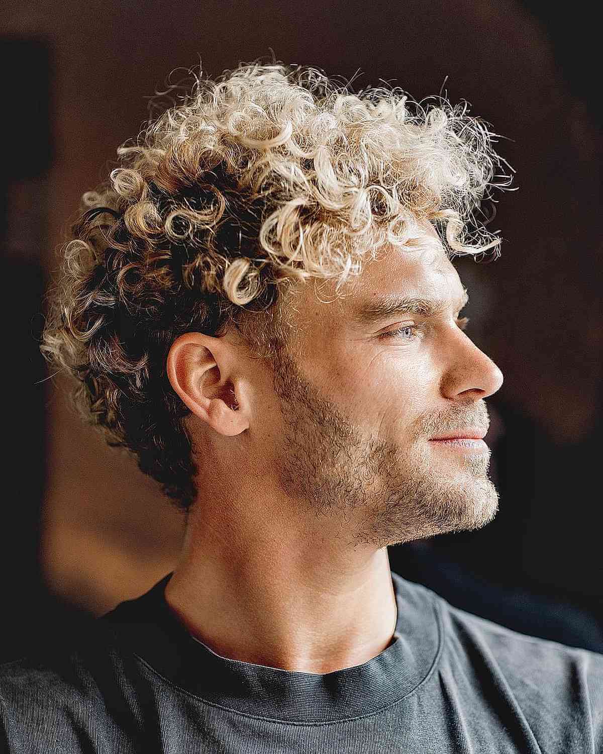 Curly hairstyle with golden highlights and shorter sides