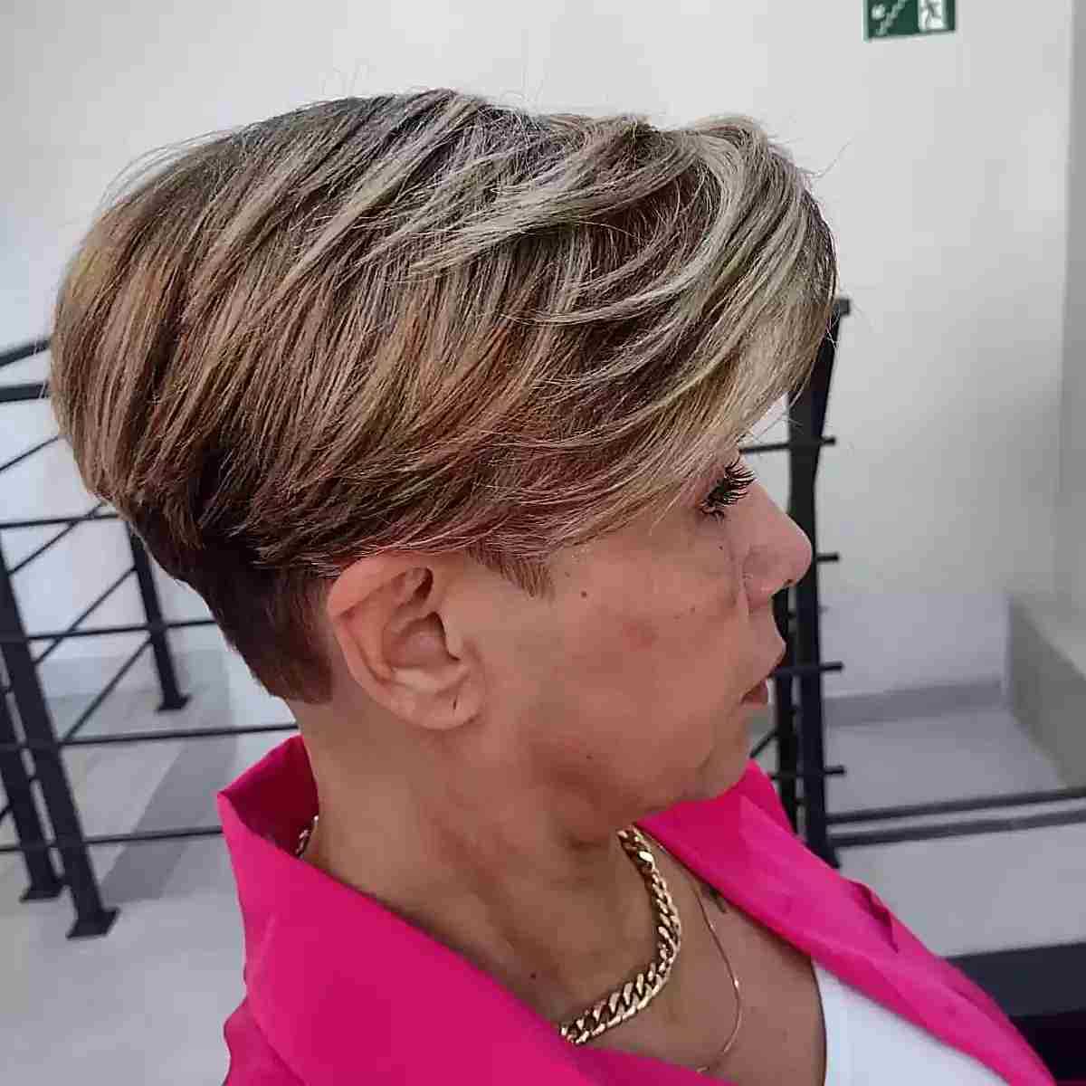 Side-swept pixie bob with feathered layers and tapered back.