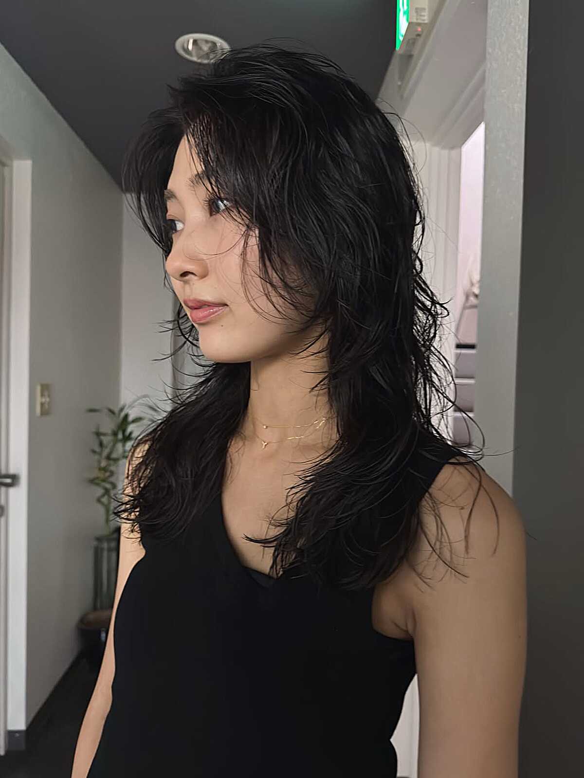 Black wolf-inspired haircut with choppy layers and airy fringe.