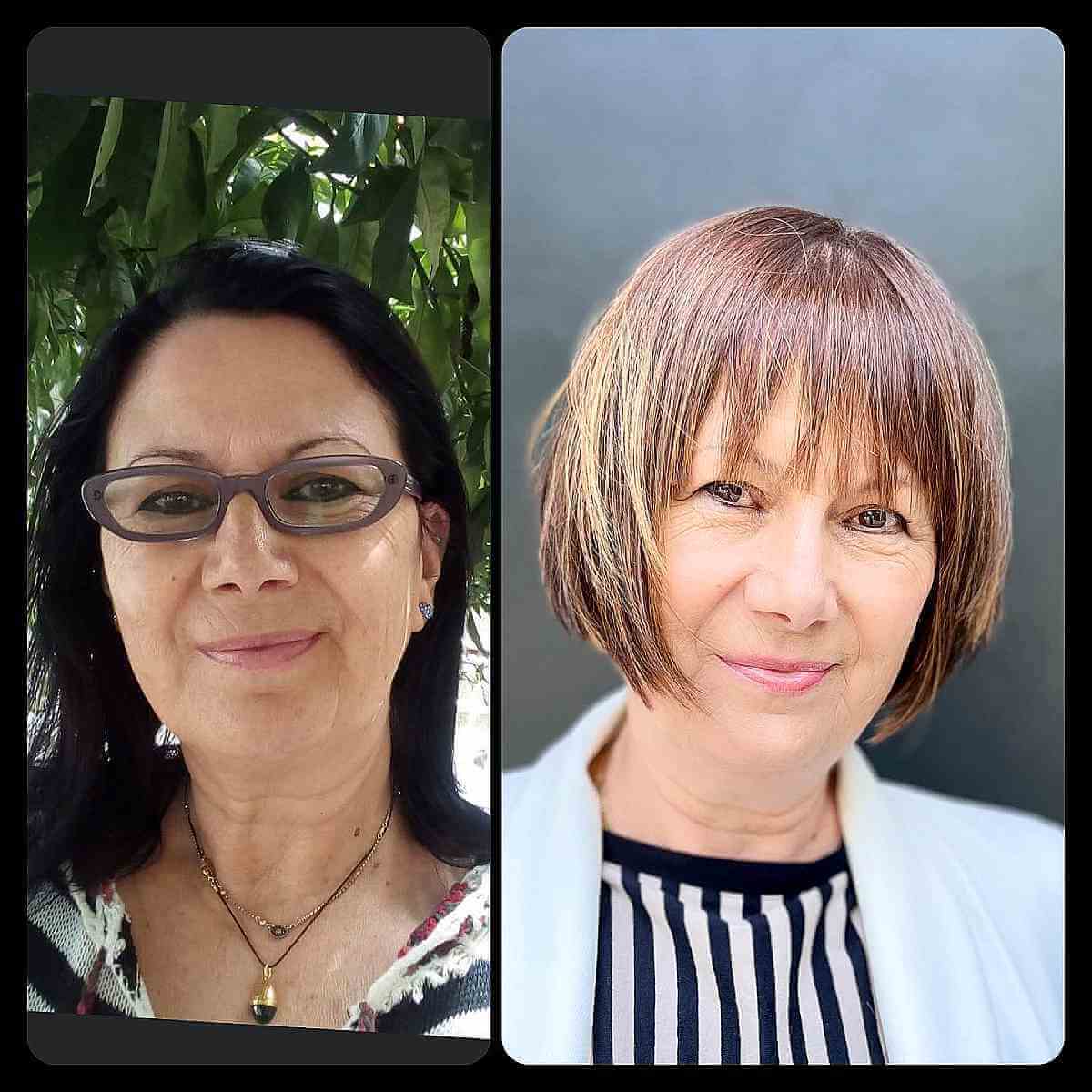 Short bob with wispy fringe and soft, piecey ends.