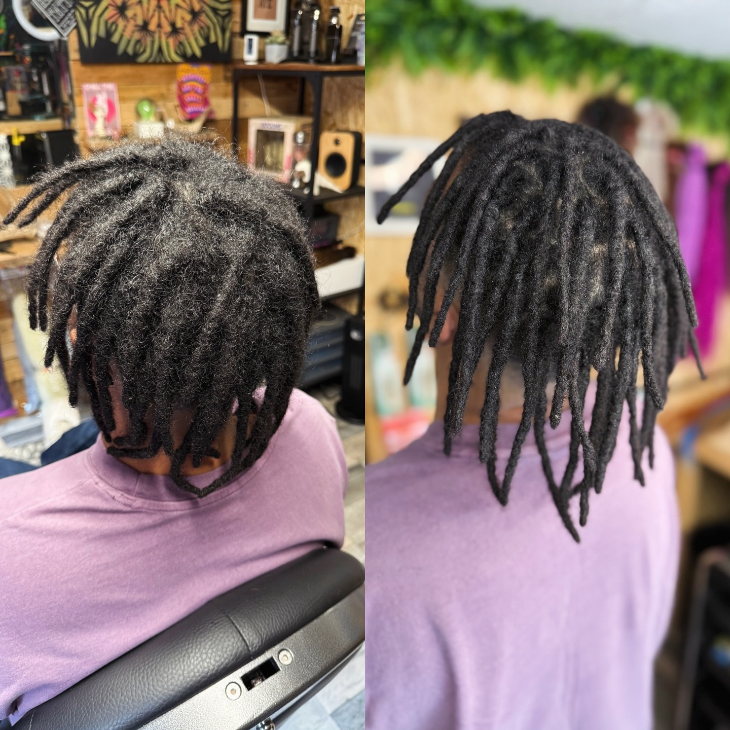 Back view of medium dreadlocks hanging with textured ends.