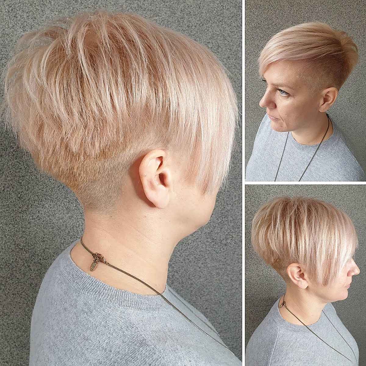 Feathered blonde pixie with rounded top and shorter sides.