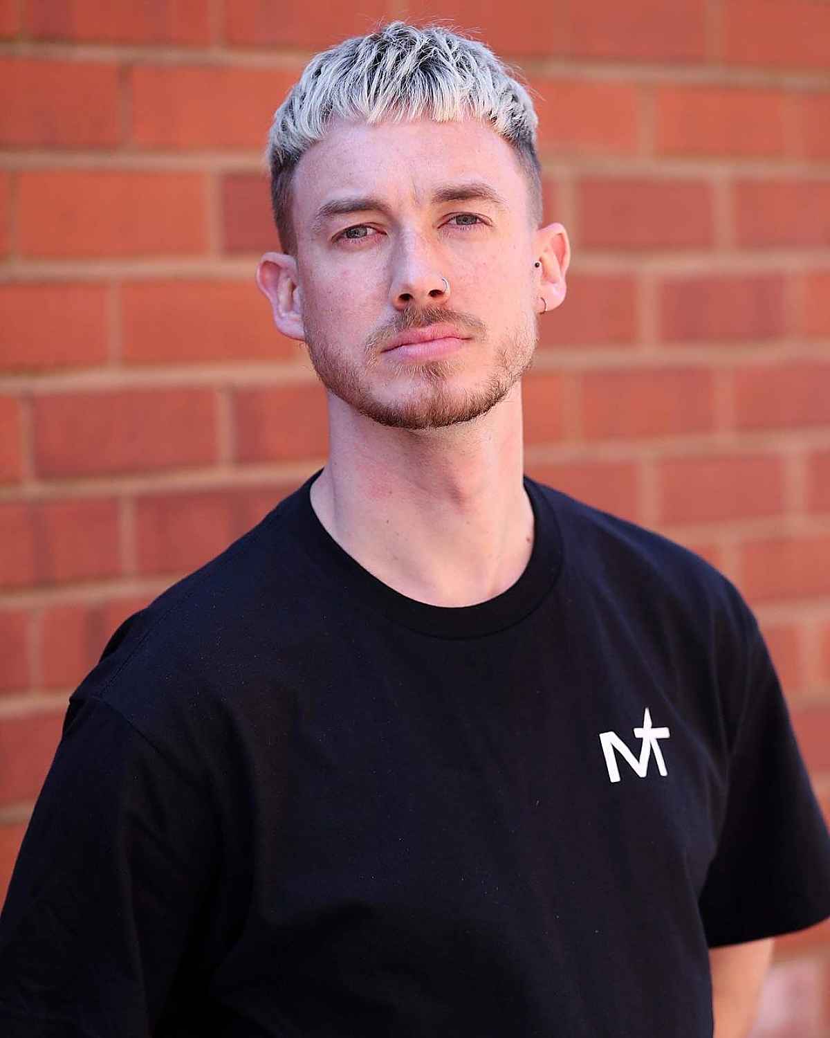 Platinum short fringe with faded sides and textured top.