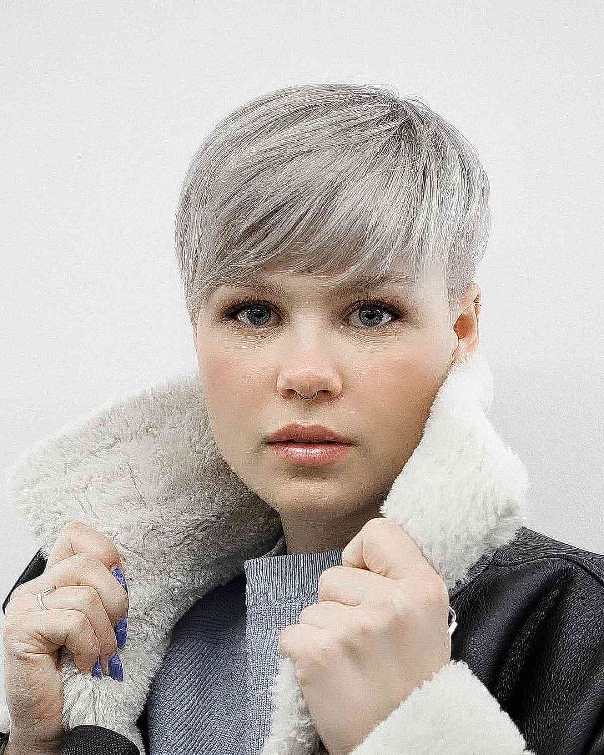 Straight platinum-gray pixie with side part and smooth finish.