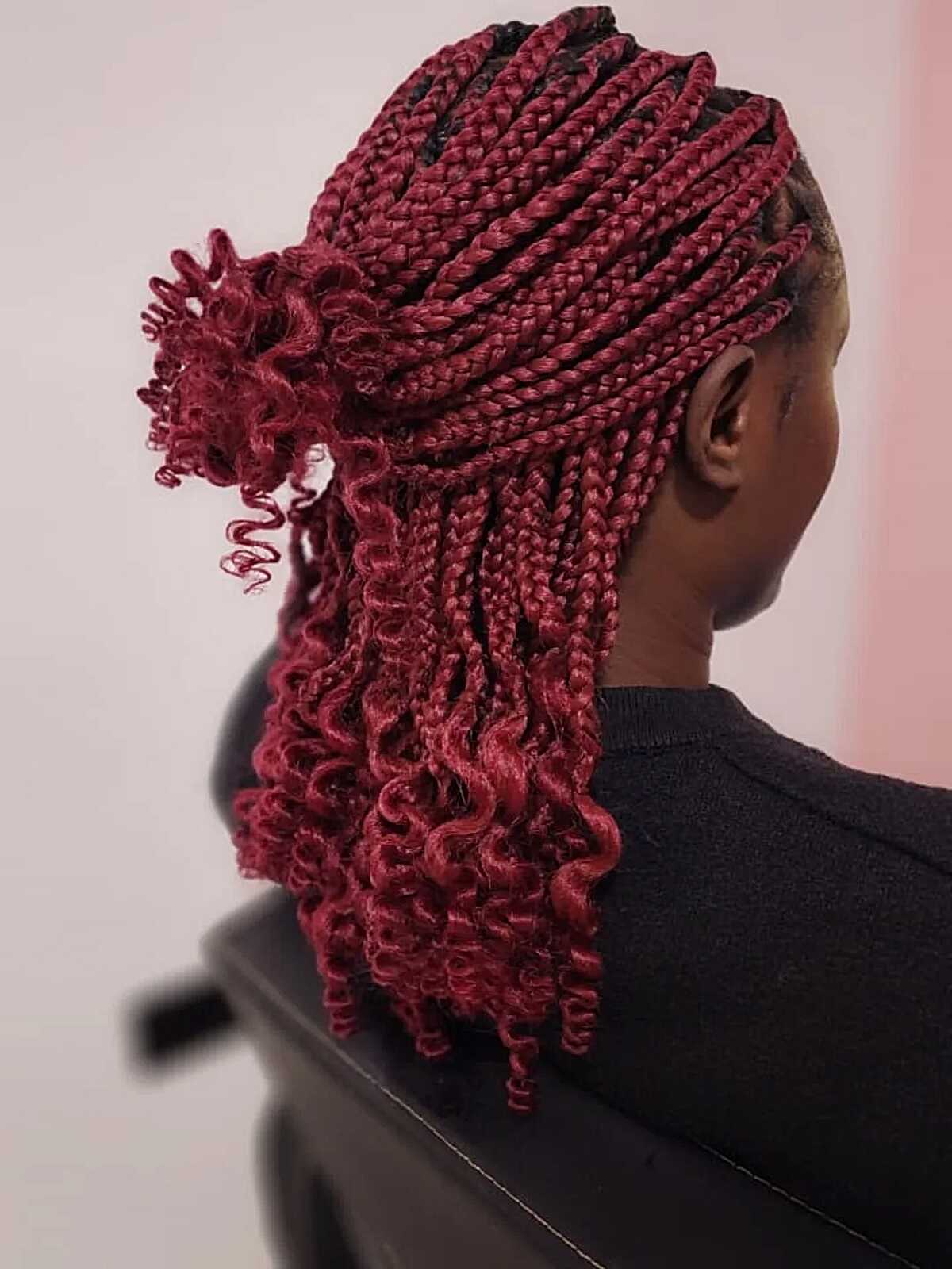 Burgundy box braids in a half-up bun with curled ends