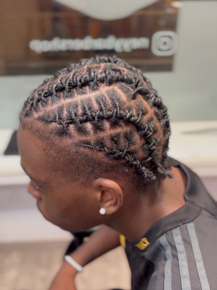 Braided dread rows with a close fade on the sides.