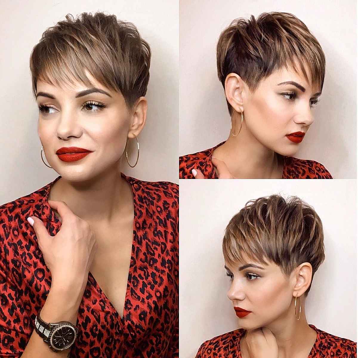 Short pixie with side-swept fringe and neat cropped sides.