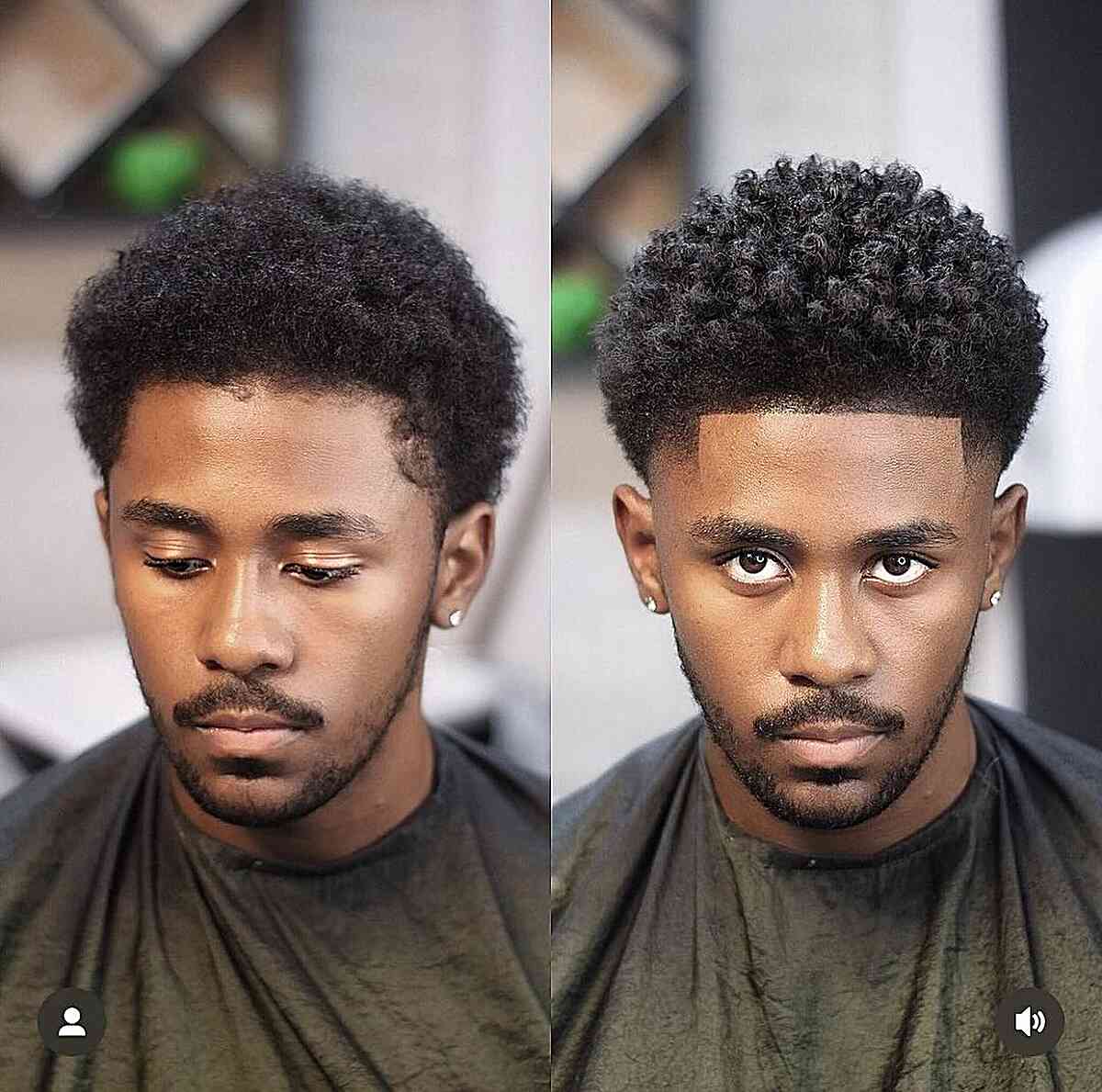 Compact afro with a squared front edge and tapered sides.