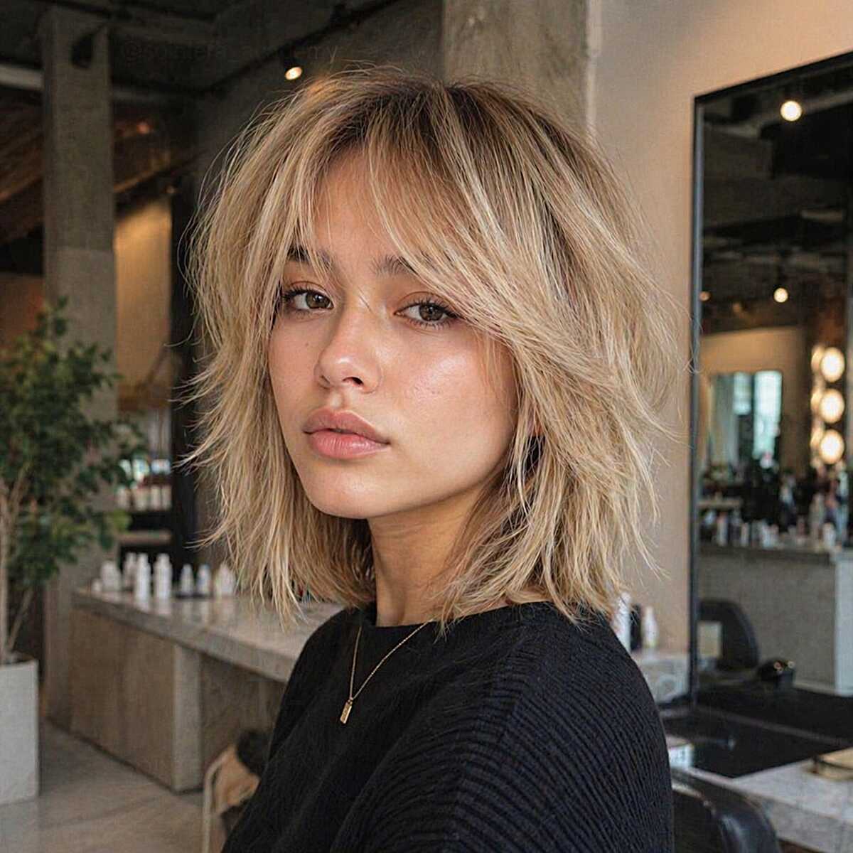 Dirty blonde textured shag with wispy bangs and feathered ends.