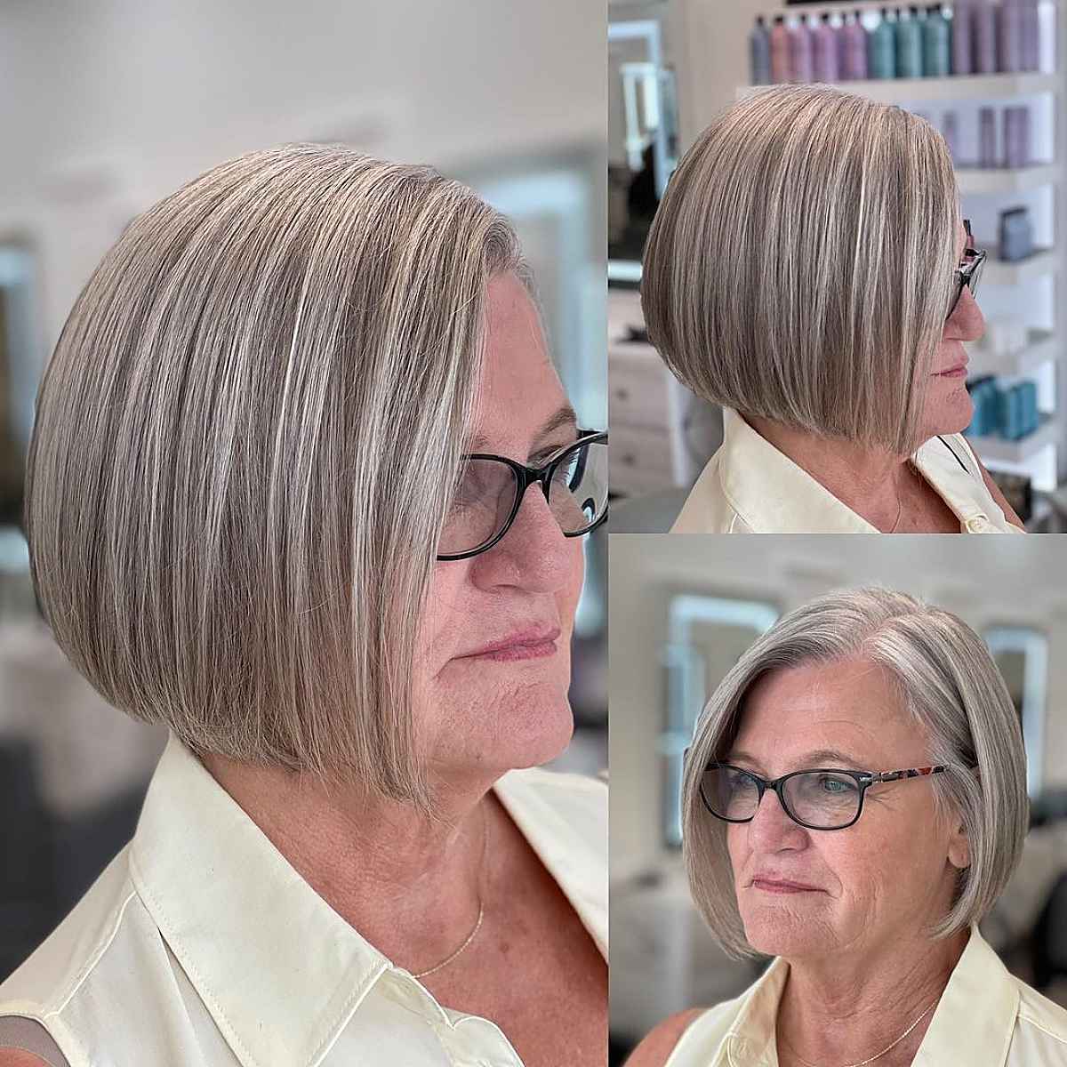 Chin-length sleek bob with a blunt outline and side profile.