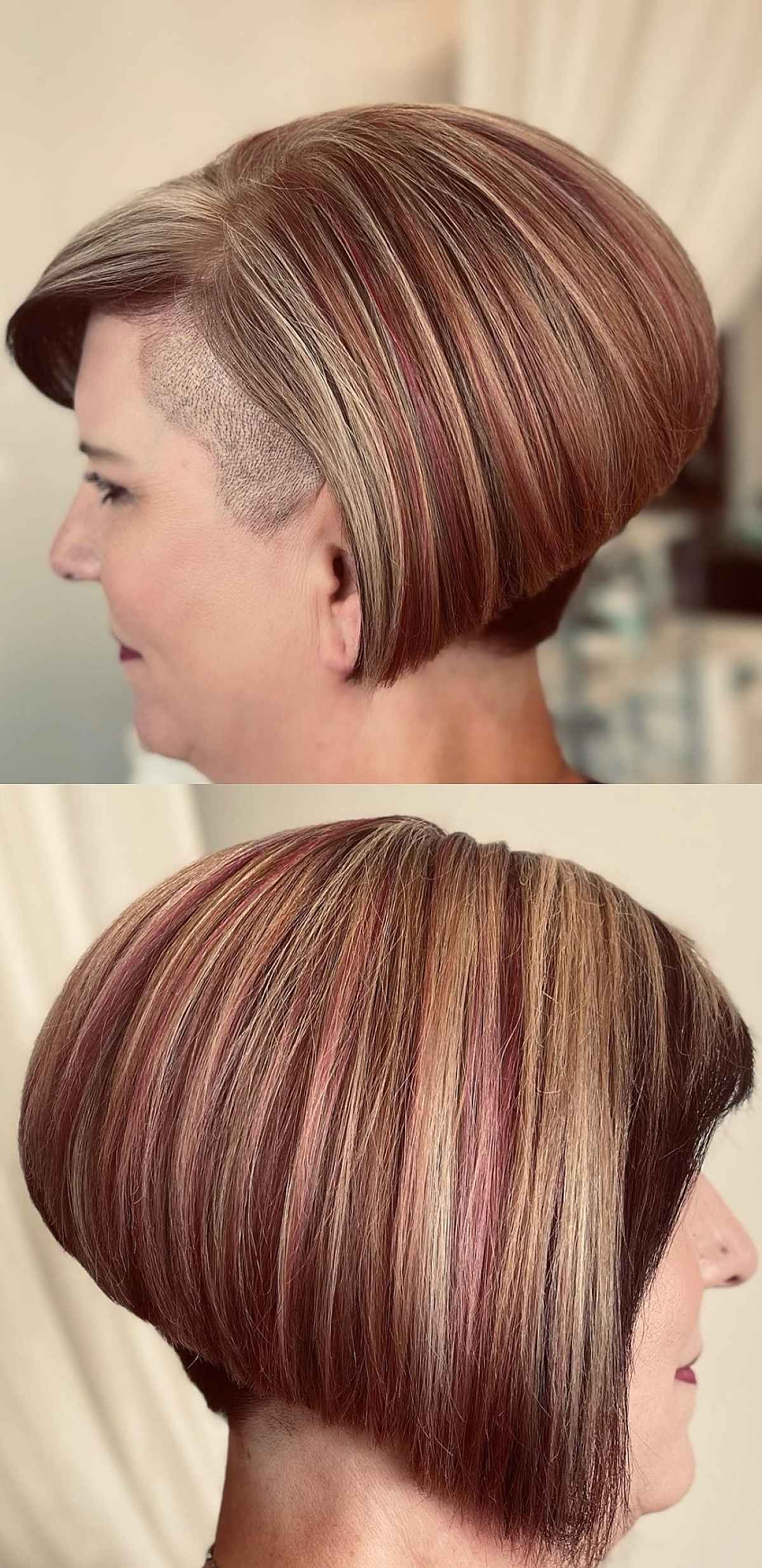 Asymmetrical pixie bob with buzzed side and long sweeping top.