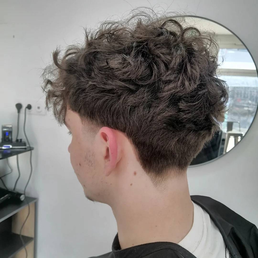 Loose curls with subtle tapered sides and fuller back.