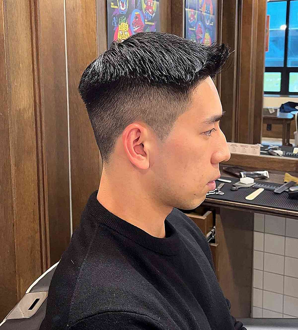 Short forward-swept top with tight faded sides.