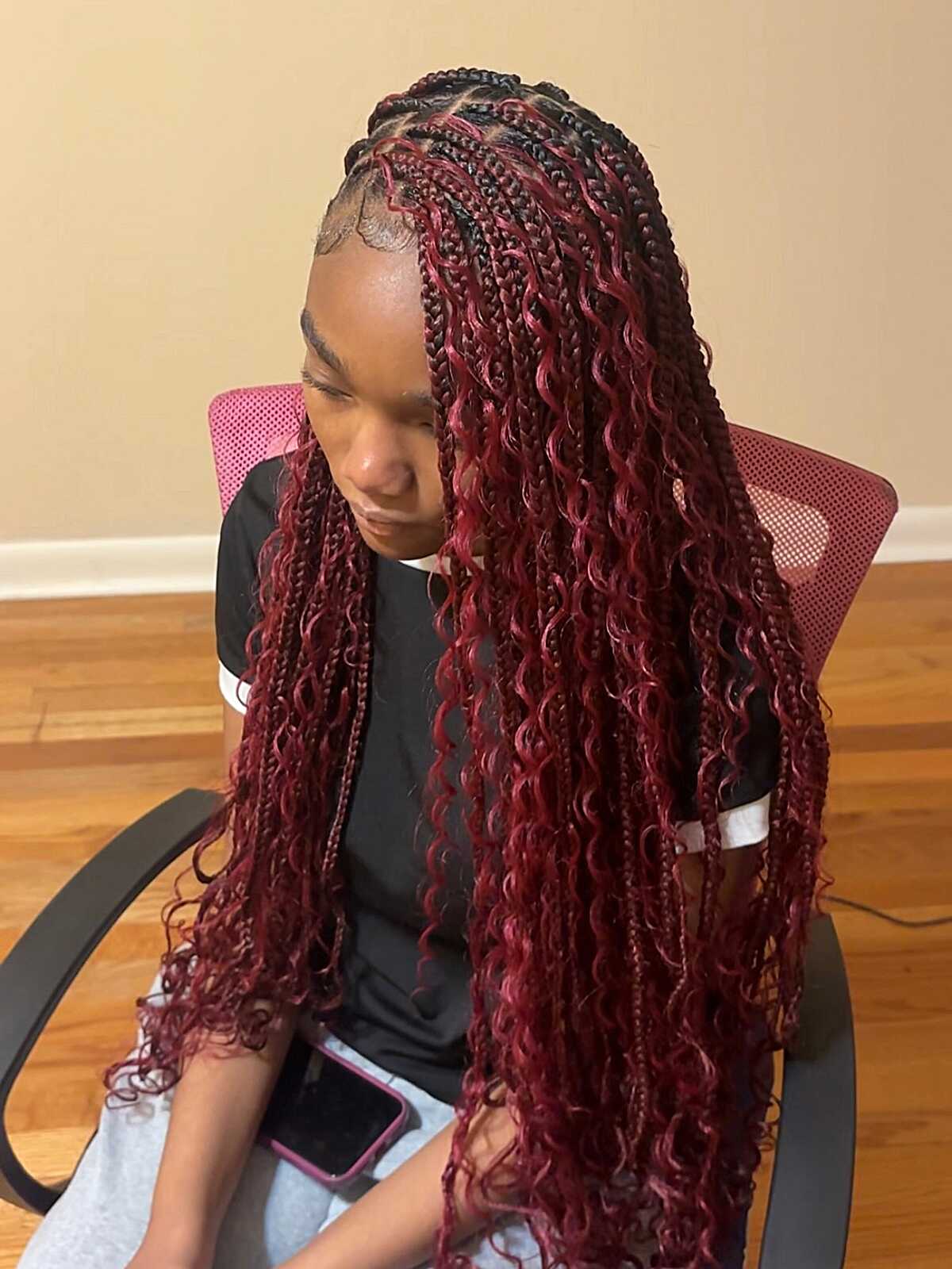 Burgundy goddess box braids with long spiral curls