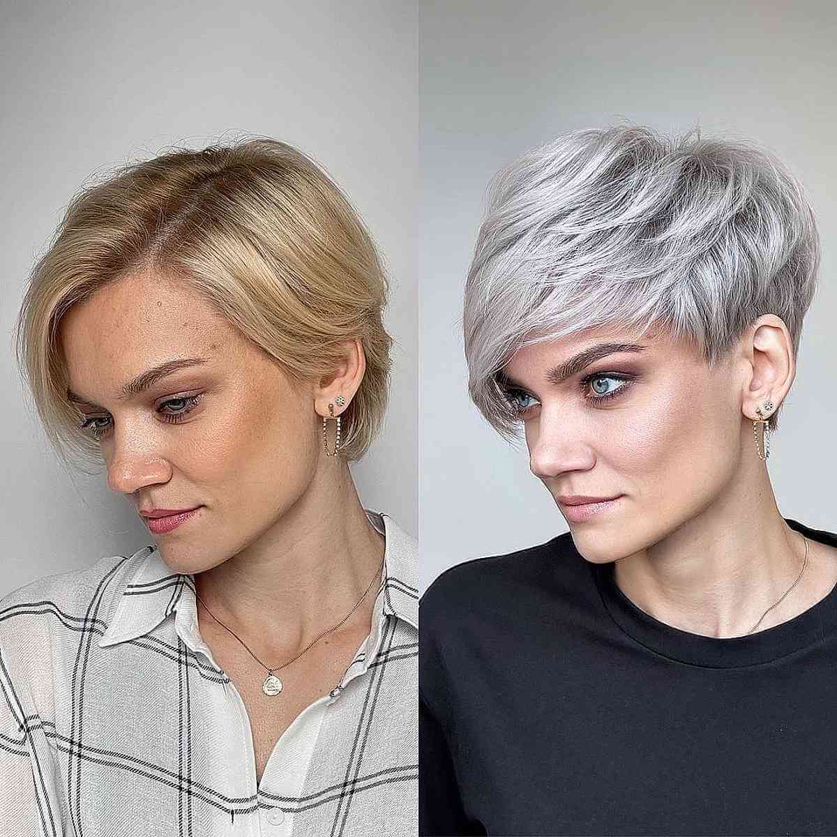Side views of a layered platinum pixie with tapered nape.