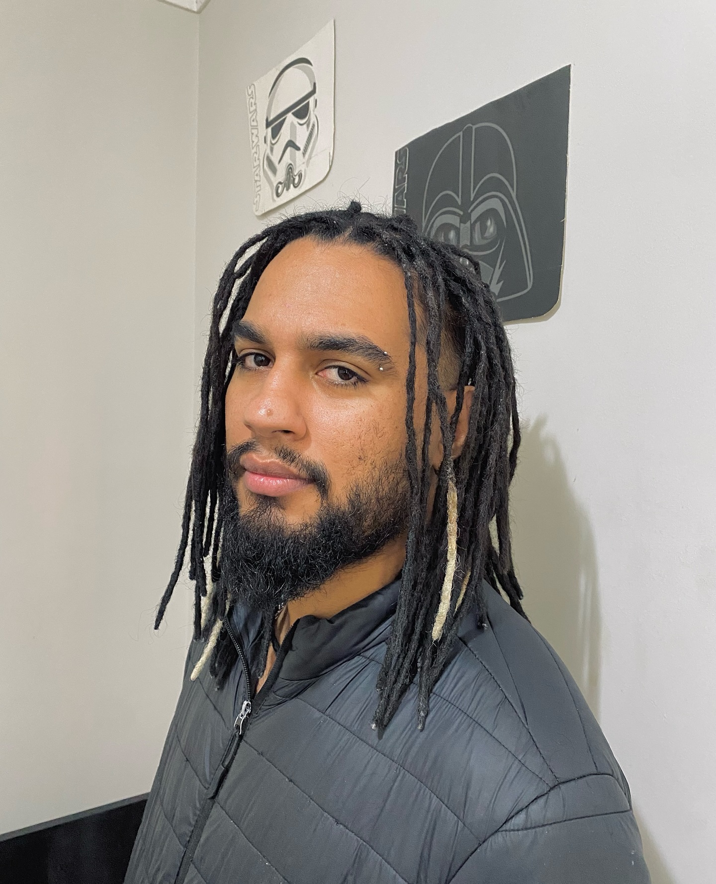 Medium locs with black base color and a few blond streaks.