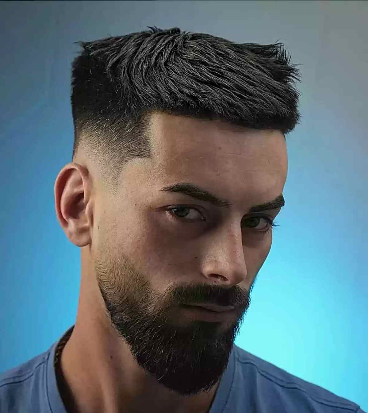 Fuller short top with tapered sides and beard fade.