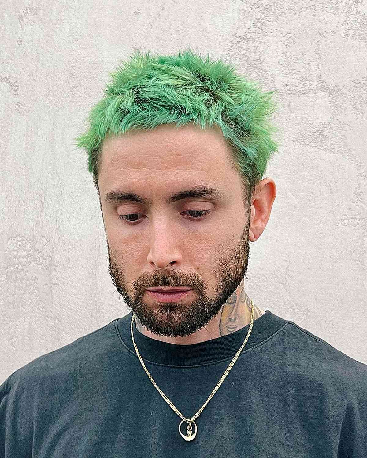 Tousled short crop dyed bright green