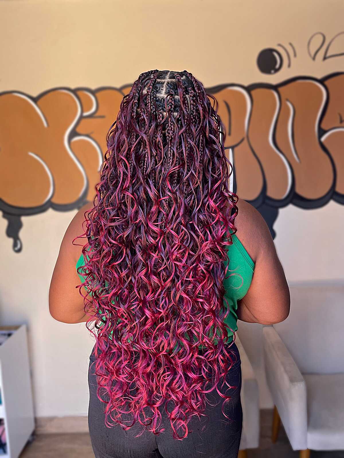 Plum-to-pink burgundy braids with full curls