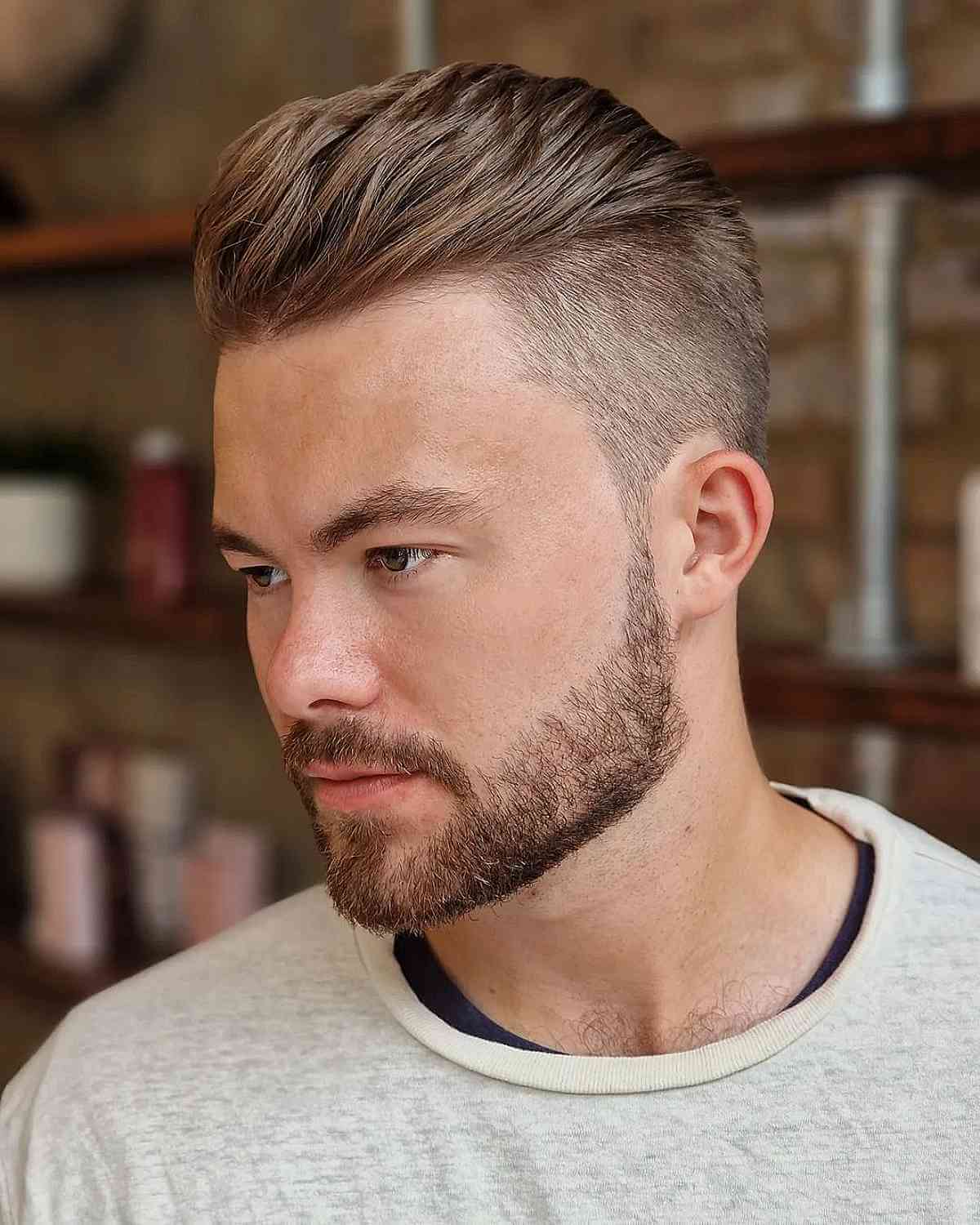 Side-swept quiff in warm chocolate brown