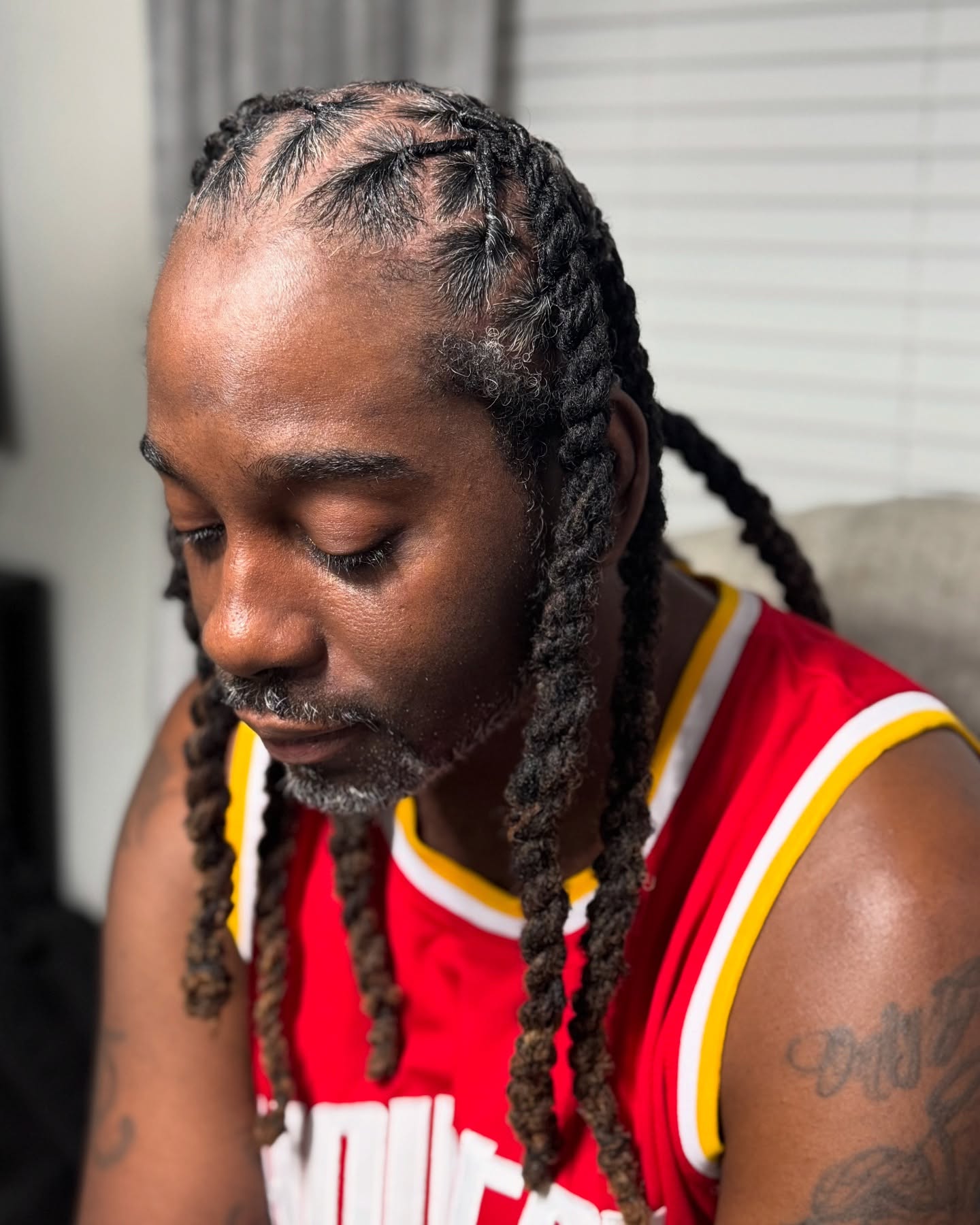 Long dreadlocks with a center part and face-framing length.