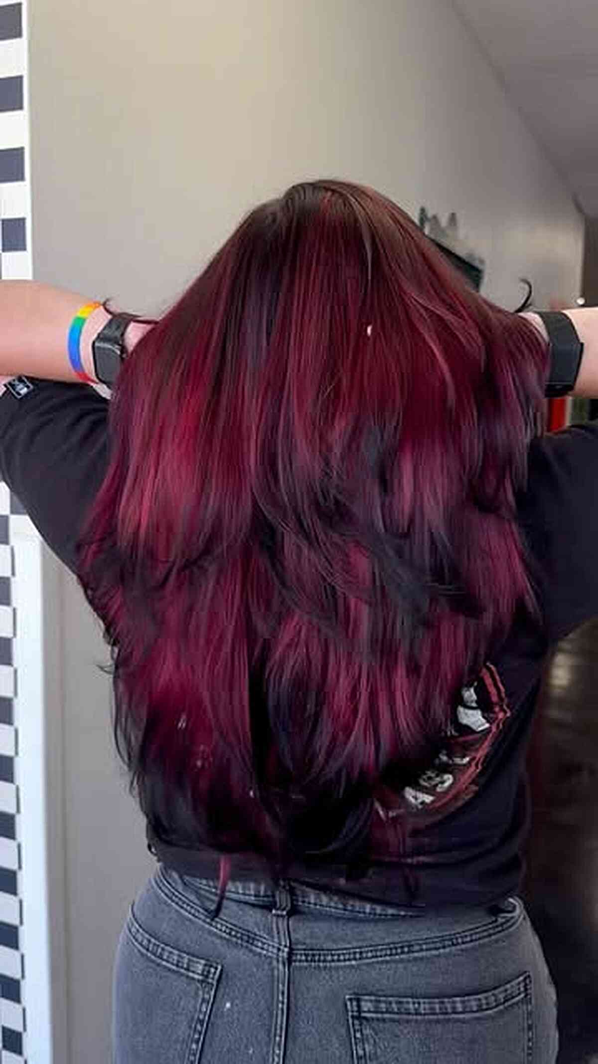 Long layered hair with burgundy and berry red tones worn straight down the back.