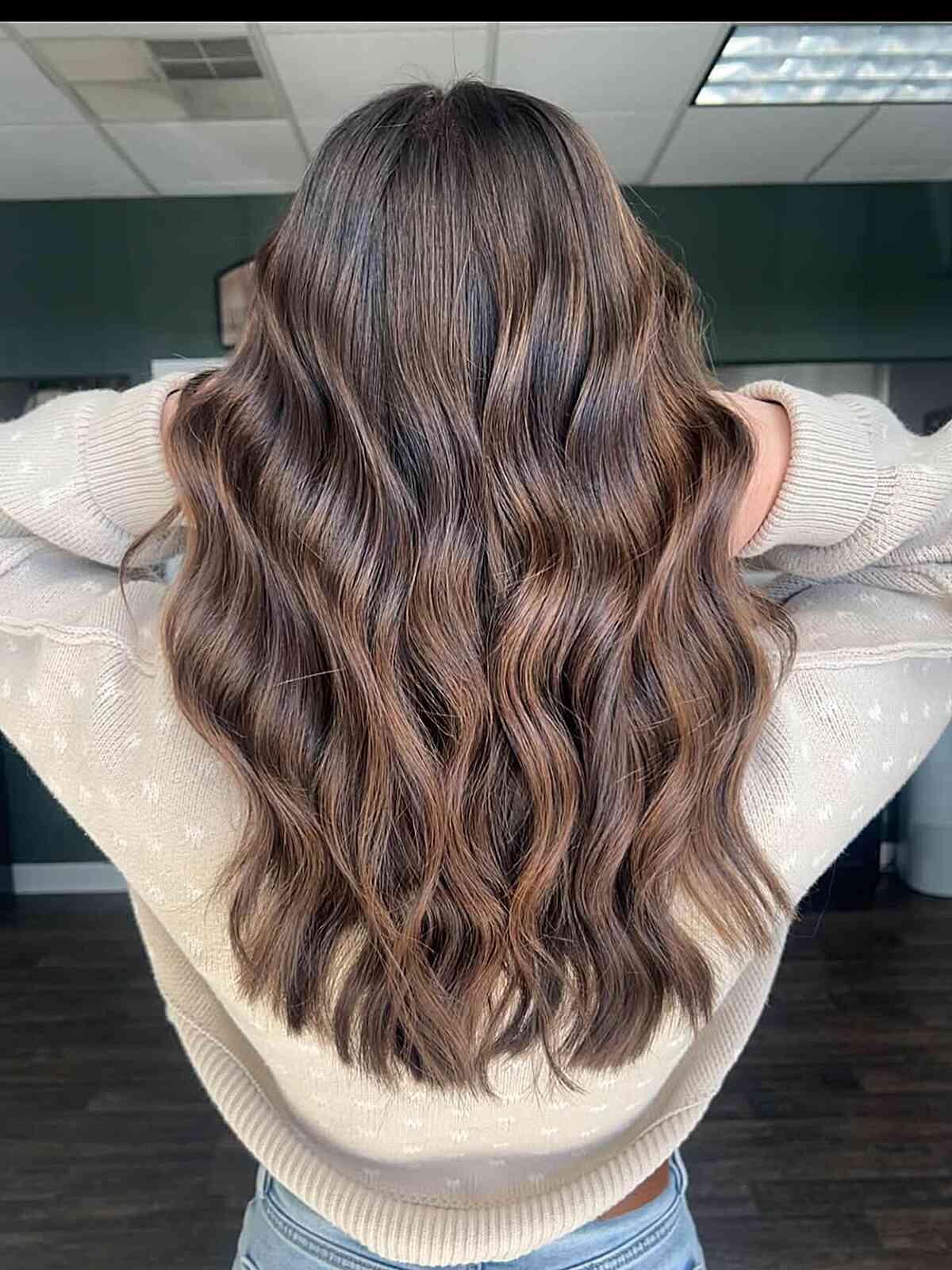 Back view of long wavy brown hair with dimensional lowlights.