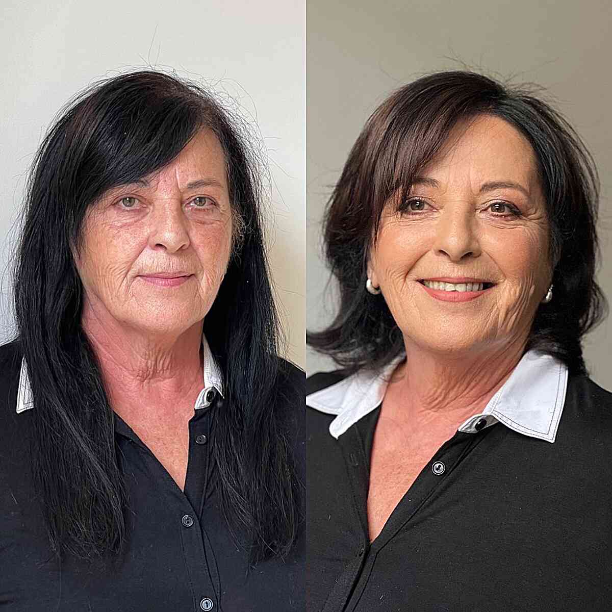 Dark shoulder-grazing bob with a side part and soft curve.